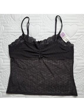 Vassarette Black Mesh Sheer Rosette Cami Camisole XL Extra Large